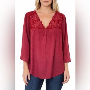 Style and Co. NWT Burgundy Embroidered Swiss Dot Blouse 3/4 Sleeve Boho Top 1X